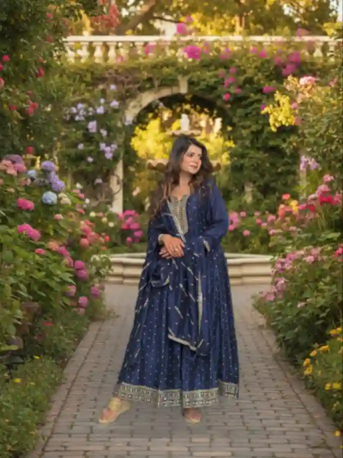 Navy Blue Silk Blend Anarkali Suit