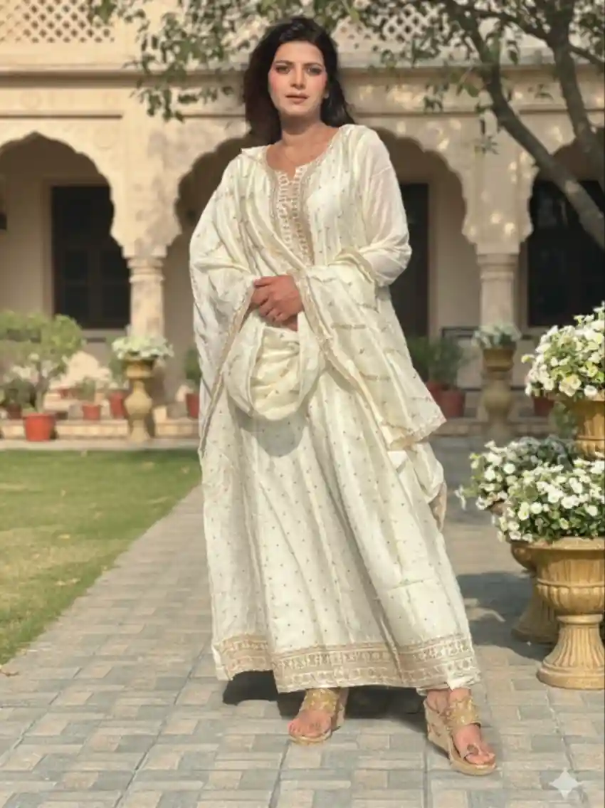 Pearl White Silk Blend Anarkali Suit