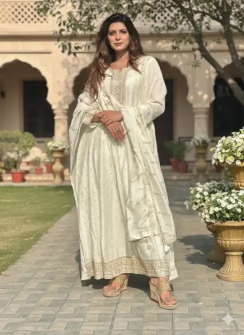 Pearl White Silk Blend Anarkali Suit