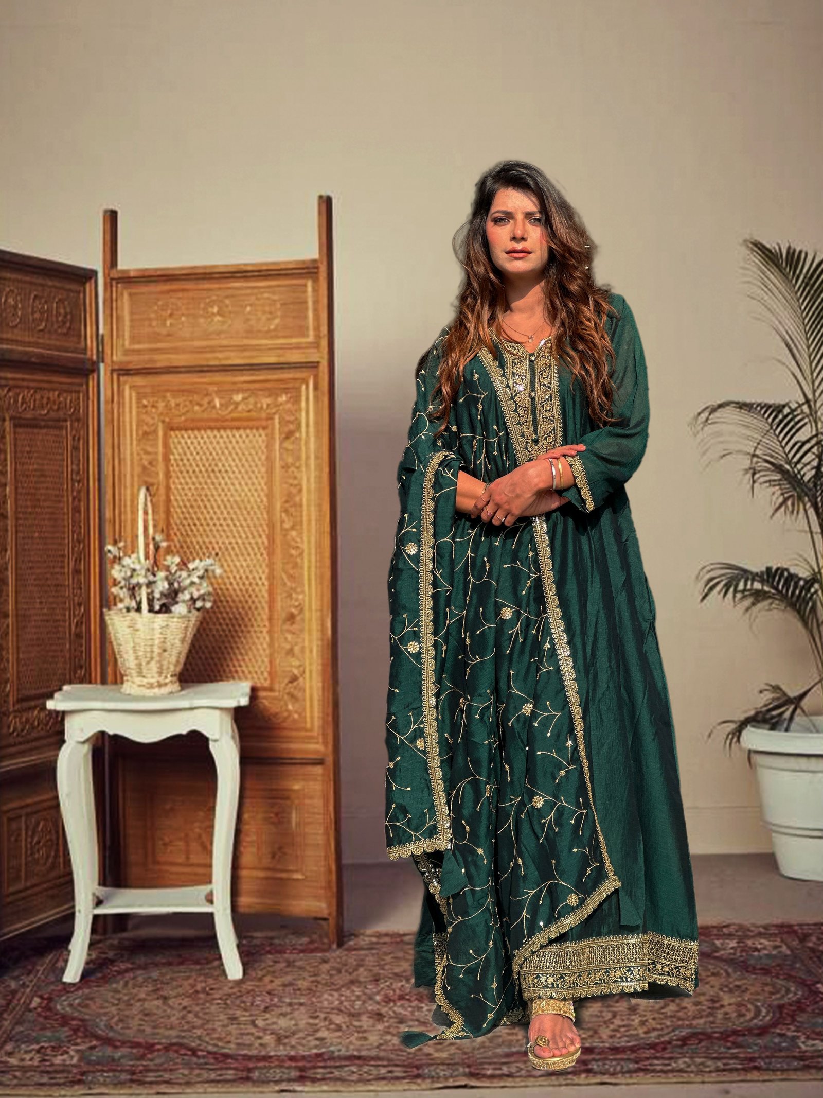 Deep Rich Green Silk Blend Anarkali Suit