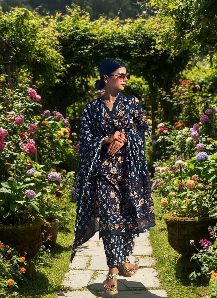 Navy blue muslin cotton suit