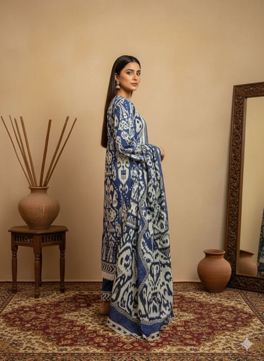 Pakistani Unstitched Cotton Suit Blue & White Ikat Print