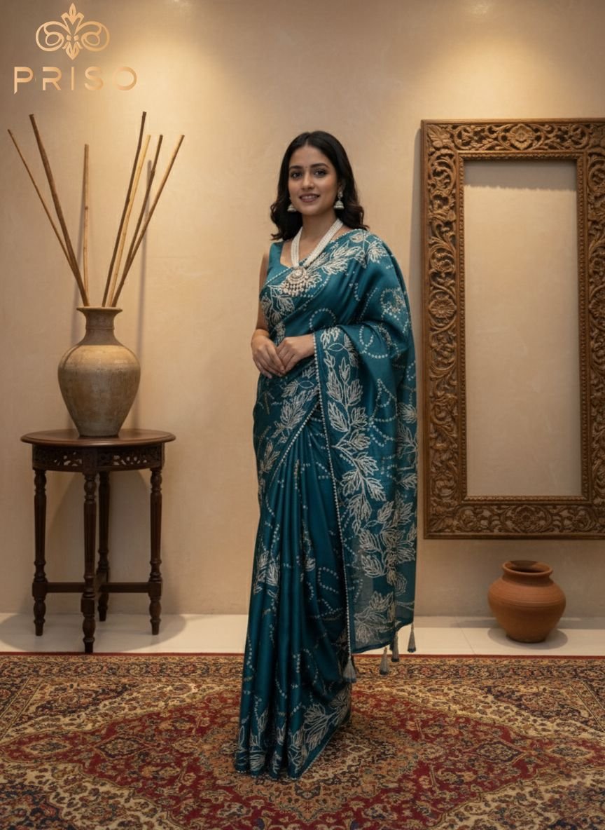 Emerald Silk Saree with Elegant Leaf Embroidery