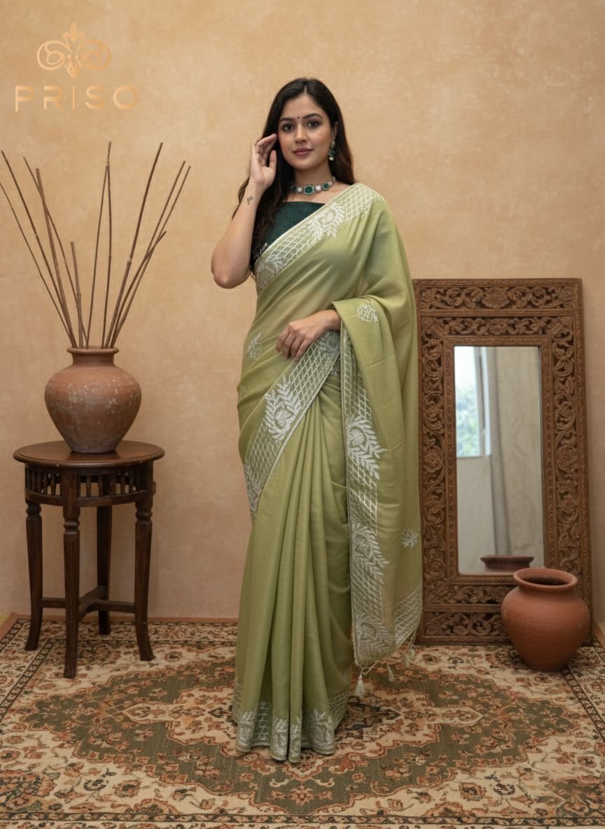 Pista Green Embroidered Linen-Blend Saree
