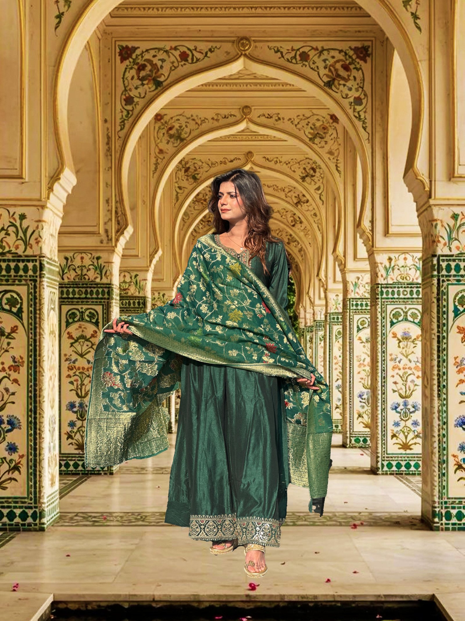 Emerald Green Silk Blend Anarkali Suit