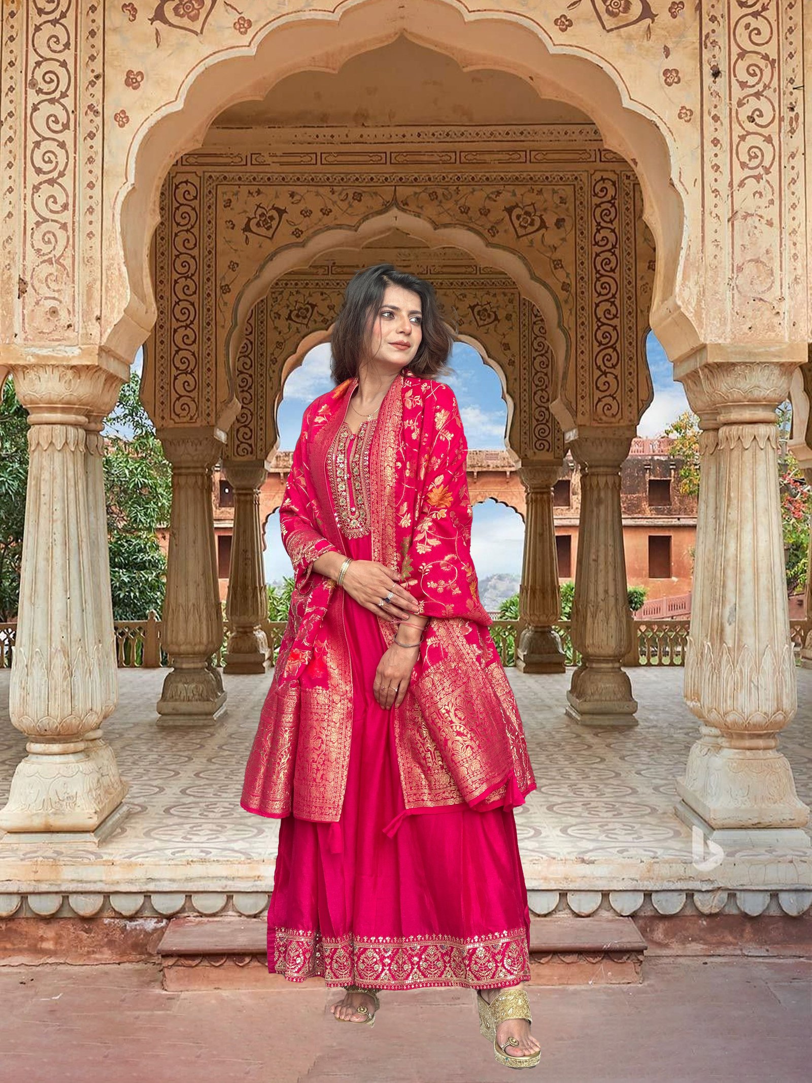 Fuchsia Pink Silk blend Anarkali suit