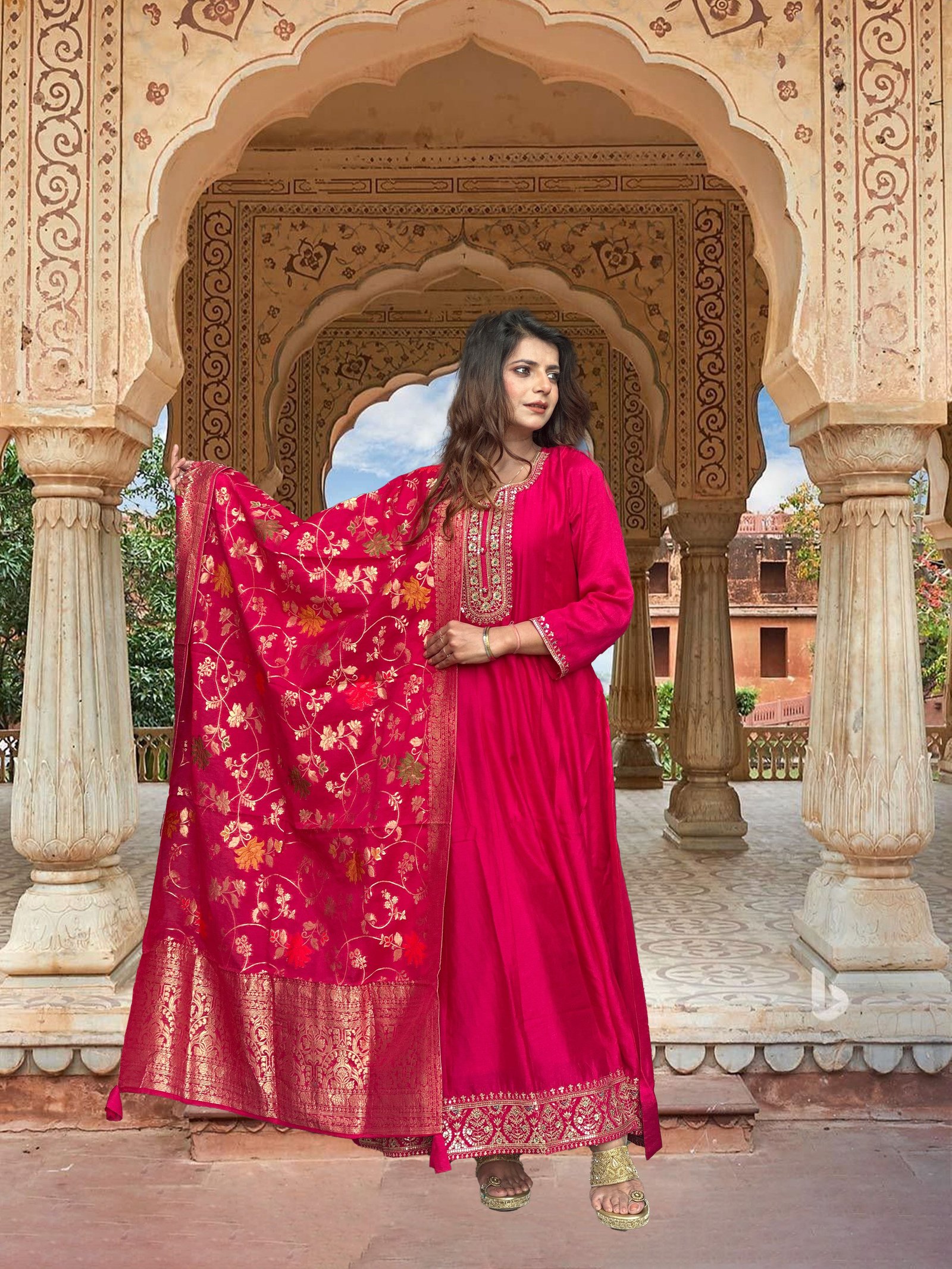 Fuchsia Pink Silk blend Anarkali suit